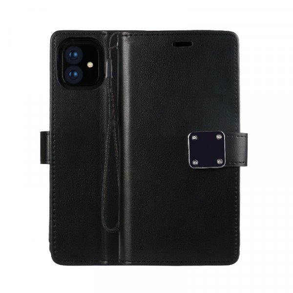 Wholesale Multi Pockets Folio Flip Leather Wallet Case with Strap for iPhone 12 / 12 Pro 6.1 (Black)
